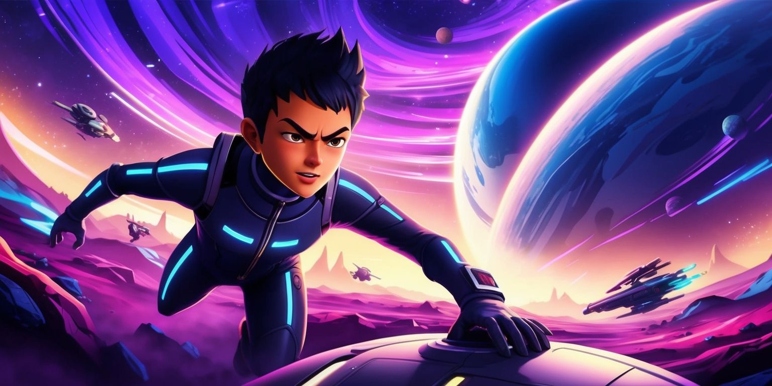 Mongil: Star Dive game with a vibrant futuristic landscape, featuring a lone spacesuit-clad character with short spiky hair and determined facial expression, set against a swirling purple and blue galaxy backdrop with stars, planets, and spaceships scattered throughout, the character is poised to dive into the unknown, with a massive star or planet looming in the distance, the scene is bathed in a warm golden light, with neon accents highlighting the character's suit and the spaceship's sleek design, the overall style is a mix of sci-fi and adventure, with bold lines and dynamic composition, the layout is cinematic, with the character positioned at the center, and the background stretching out to the edges of the frame.