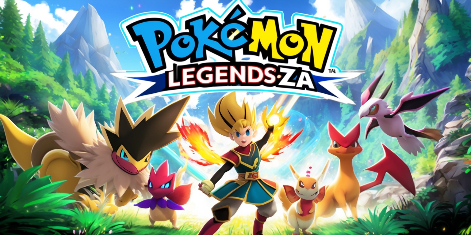 A vibrant and dynamic scene depicting the Pokémon Legends: Z-A game, with a focus on the game's main characters and Pokémon, set against a stunning backdrop of lush green forests and towering mountains, with a mix of earthy tones and bright colors, featuring intricate details and textures, and incorporating the game's unique logo and typography in a bold, adventurous font, with the characters and Pokémon showcased in a heroic pose, highlighting their unique features and attributes, such as distinctive fur patterns, radiant auras, and powerful movements, all blending together to create an immersive and captivating visual representation of the game's exciting world and thrilling gameplay.