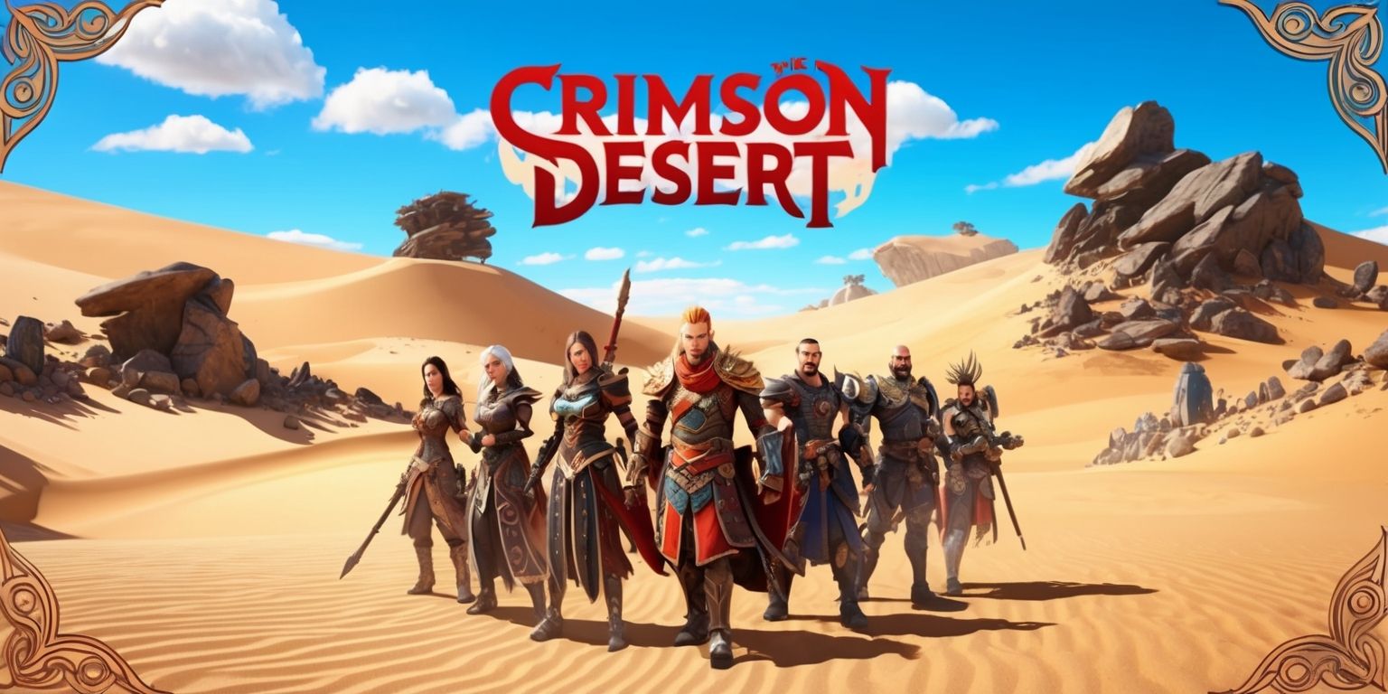 A vibrant and detailed scene from the Crimson Desert game, featuring a vast desert landscape with sweeping dunes and rocky outcroppings, set against a bright blue sky with a few puffy white clouds, with a group of characters from the game standing in the foreground, dressed in intricately designed armor and clothing, with intricate facial features and unique attributes, surrounded by an array of weapons and gear, with the game's logo emblazoned in bold, crimson letters across the top of the scene, in a stylized, fantasy-inspired art style with a mix of realistic and stylized elements, and a warm, golden color palette with accents of crimson and black, with the characters and landscape framed by a subtle, ornate border, and the entire scene illuminated by a warm, sunny light.