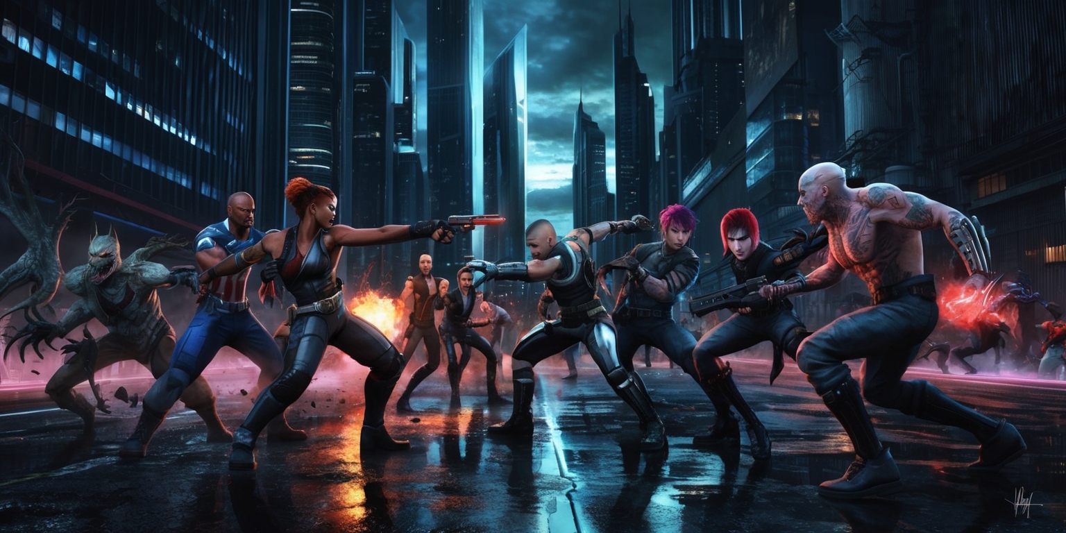 A dark and gritty metropolitan cityscape at dusk with sleek skyscrapers and neon lights reflecting off the wet pavement, serving as the backdrop for an intense supernatural urban combat scene, where a group of characters with diverse facial features, skin colors, and unique attributes, such as tattoos, scars, and striking hairstyles, clad in futuristic attire with metallic accents, engage in fierce battle against terrifying paranormal entities, with vibrant colors, bold lines, and dynamic composition, incorporating mystical and technological elements, and an ominous atmosphere of foreboding and tension, with the city's towering structures and bustling streets bearing witness to the clash between human warriors and otherworldly forces.