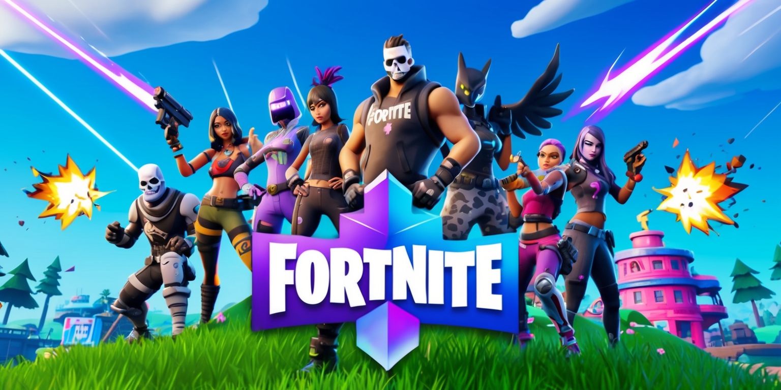 A vibrant, futuristic, and action-packed digital illustration of the Fortnite game, set against a bright blue sky with fluffy white clouds, featuring a diverse group of characters, including Skull Trooper, Raven, and Cuddle Team Leader, each with unique skins, outfits, and accessories, showcasing a mix of playful, edgy, and athletic styles, with dynamic poses and dramatic facial expressions, amidst a backdrop of colorful buildings, trees, and hills of the Battle Bus island, surrounded by explosions, smoke, and laser beams, with the Fortnite logo prominently displayed in bold, metallic, and gradient font, in shades of blue, purple, and silver, with a sense of energy, excitement, and adventure.