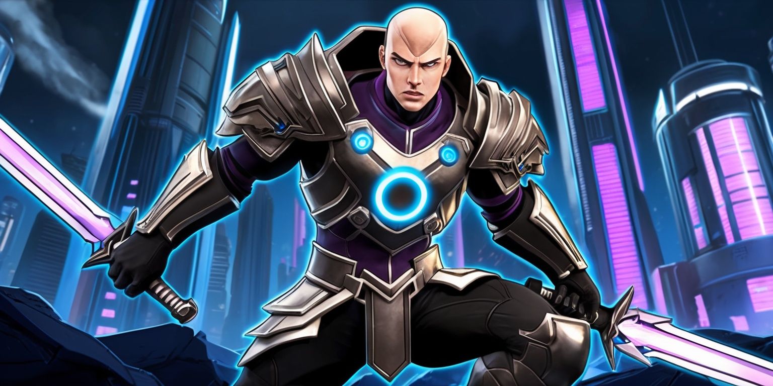A digital illustration of a scene from the Overgeared Hero game, featuring a heroic figure with sharp facial features, fair skin, and a determined expression, dressed in intricately designed armor with metallic accents, set against a backdrop of a dystopian cityscape with sleek skyscrapers and neon lights, the color palette is predominantly dark with shades of blue and purple, the hero stands in a powerful pose, with a futuristic sword in hand, the overall style is reminiscent of a comic book page, with bold lines and dynamic composition, the hero's armor is adorned with glowing blue circuits and a distinctive logo on the chest, the logo is a stylized letter O with sharp edges and a metallic sheen.
