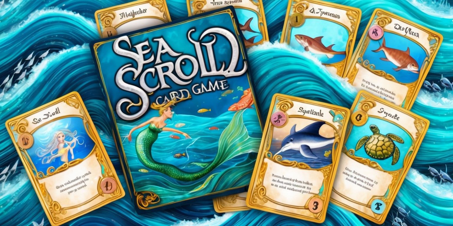 A beautifully illustrated Sea Scroll card game with an oceanic theme, featuring a vibrant turquoise blue background with undulating waves and schools of fish, the cards themselves are designed with intricate golden borders and adorned with colorful sea creatures, such as mermaids, dolphins, and sea turtles, the game's title Sea Scroll is emblazoned in bold, curly, silver font across the top of the image, with each card showcasing unique, hand-drawn artwork, the overall style is whimsical and fantastical, with a sense of adventure and mystery, the cards are arranged in a delicate, swirling pattern, as if they are being swept up by the ocean's currents.