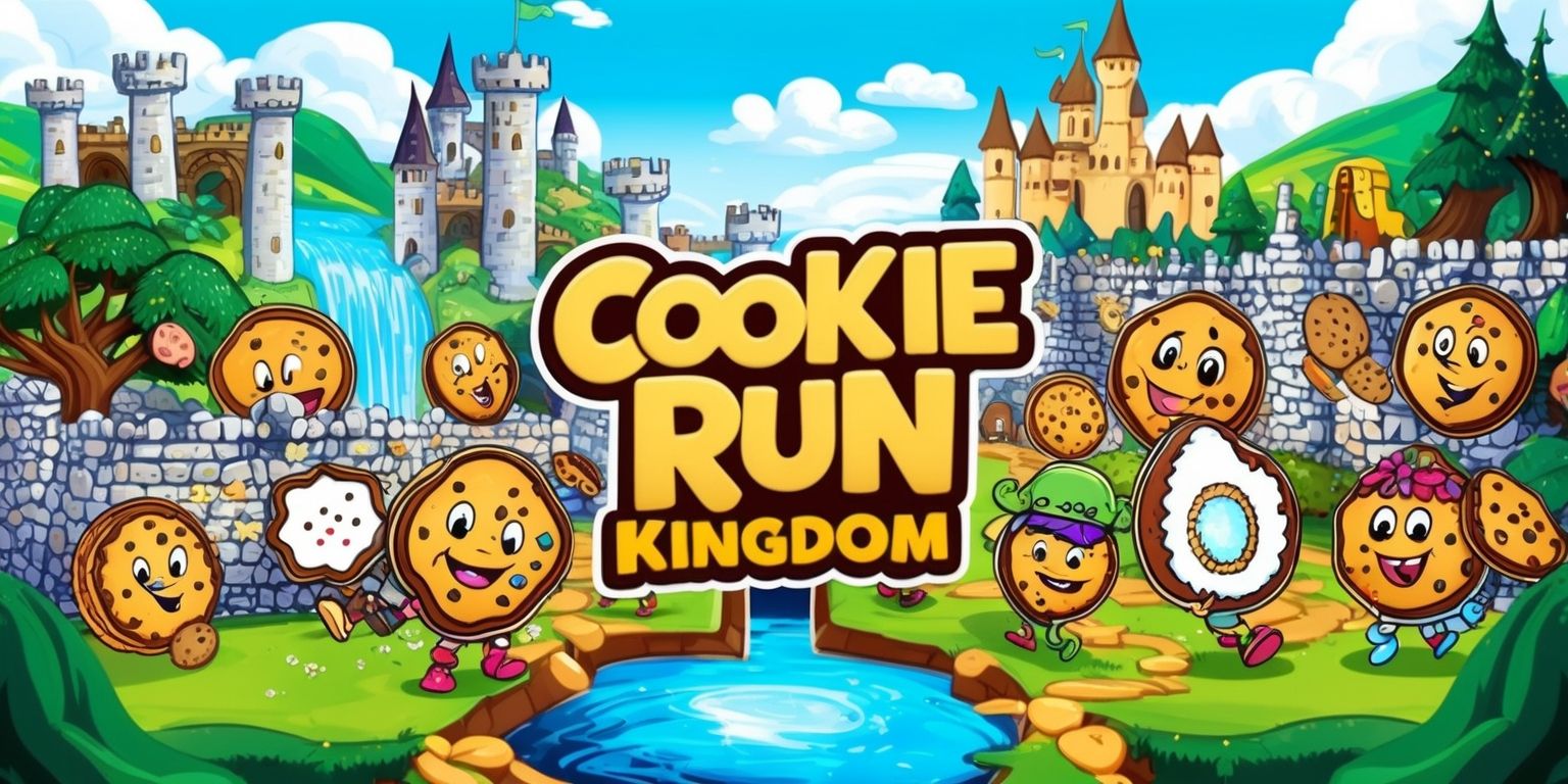 A vibrant and colorful illustration of the Cookie Run Kingdom game, featuring a variety of cookie characters with unique facial features and accessories, set against a whimsical kingdom backdrop with rolling hills, towering castles, and lush green forests, with a bright blue sky and fluffy white clouds, incorporating a mix of medieval and fantasy elements, including intricate stone walls, shimmering waterfalls, and majestic trees, with the cookie characters engaged in various activities such as baking, exploring, and battling, showcasing a range of emotions and personalities, with bold lines, textures, and patterns, and a dynamic composition that draws the viewer's eye to the center of the image.