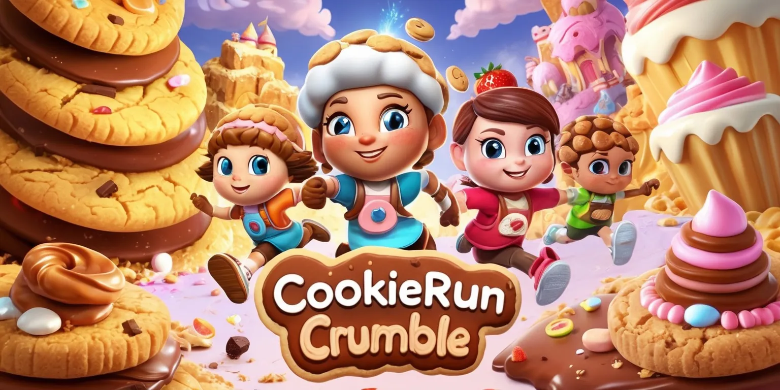 Colorful fantasy mobile game key art for CookieRun: Crumble, featuring charming anthropomorphic cookie characters with crisp baked textures, expressive faces, bright icing details, and distinctive candy-themed accessories. Set them in a whimsical crumbling pastry kingdom filled with golden cookie cliffs, frosting hills, candy structures, crumbs, sparkling sugar, and warm magical lighting. Use a polished 3D cartoon style with vibrant caramel, chocolate, strawberry, cream, and pastel colors, dynamic action poses, soft rounded shapes, dramatic depth, and playful energy. Compose the scene as a polished game promotional image with a strong central character focus, layered background scenery, cinematic framing, and clean high-detail rendering. Include the title CookieRun: Crumble in bold, playful rounded lettering with a warm cookie-brown and cream color palette, subtle icing highlights, and a polished game-logo appearance.