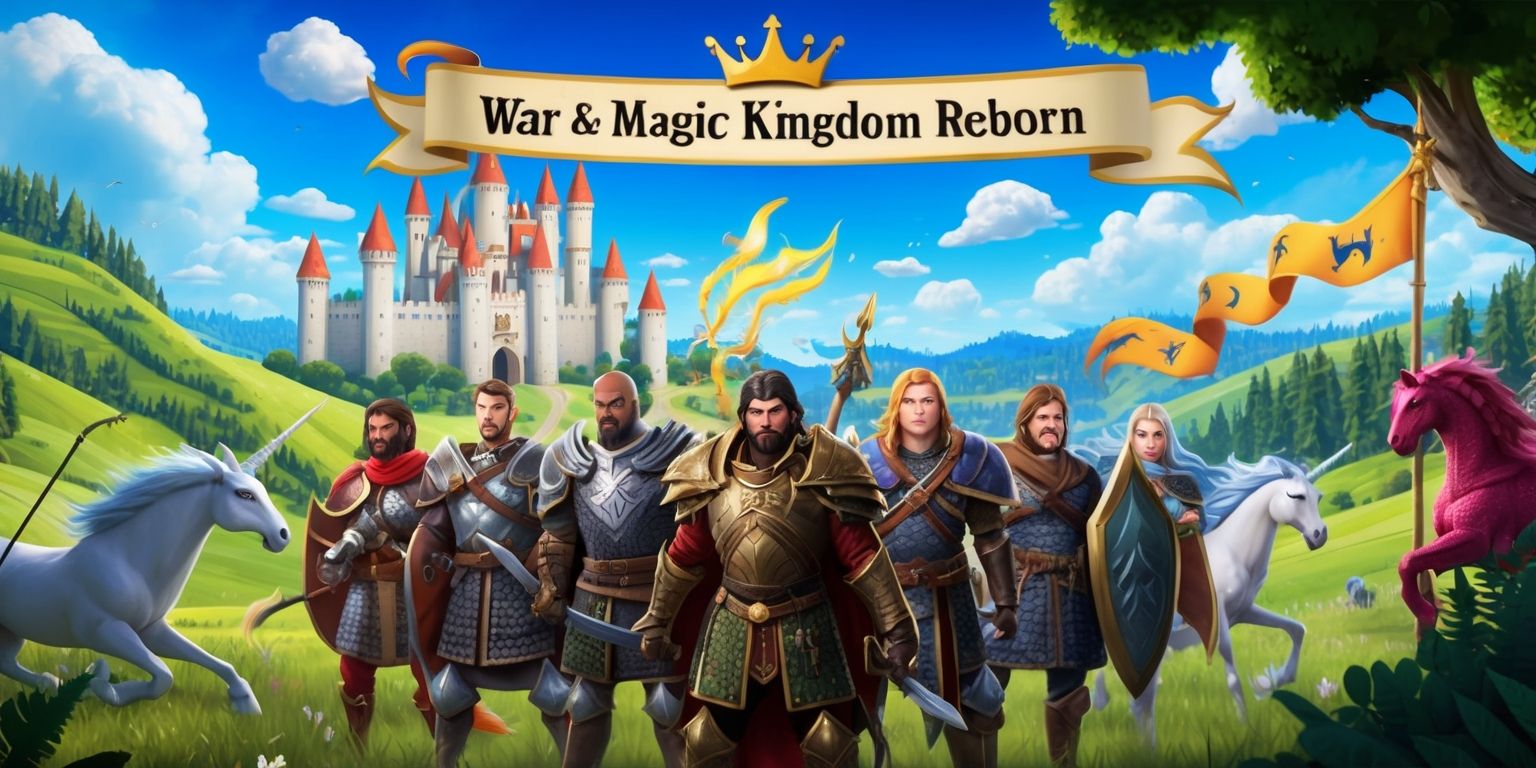 A medieval-inspired fantasy scene depicting the game War and Magic Kingdom Reborn, with a majestic castle in the background, set amidst a rolling landscape of lush green hills and dense forests, under a vibrant blue sky with puffy white clouds, as a group of brave warriors, with diverse facial features and skin tones, dressed in intricately designed armor, stand triumphantly in the foreground, surrounded by magical elements, such as glowing runes, and mythical creatures, like dragons and unicorns, with the game's logo, a stylized golden crown with bold, serif font, prominently displayed on a banner waving in the wind.