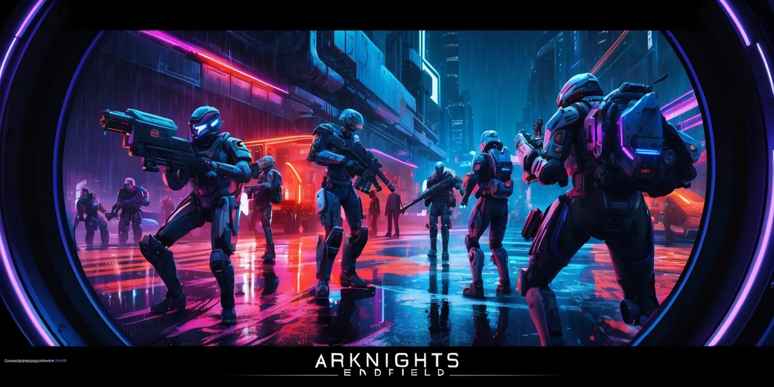 A futuristic sci-fi themed illustration of the Arknights Endfield game, featuring a mix of sleek robotic operators and high-tech machinery, set against a dark and gritty urban backdrop with neon lights reflecting off wet pavement, the color palette dominated by deep blues and purples, with accents of bright orange and red, the scene is framed by a wide-angle lens, capturing the complexity and intensity of the game's world, with intricate details on the characters' uniforms and equipment, and a sense of dynamic movement and energy emanating from the scene, the overall style is reminiscent of a cutting-edge video game concept art, with bold lines, sharp textures, and a sense of depth and dimensionality.