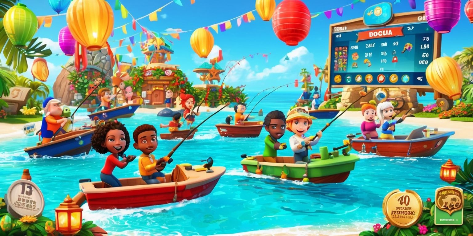 A vibrant digital island scene showcasing a festive fishing challenge, with players of diverse skin colors and unique avatars participating together, surrounded by themed decor, including colorful lanterns, balloons, and streamers, with a bright sunny sky and crystal-clear turquoise water, featuring various fishing boats and characters with excited facial expressions, engaged in cooperative play, with a large scoreboard display in the background, illustrating a points-based reward system, and special accolades, such as trophies and badges, all blending together to create a refreshing and enhanced everyday island experience.