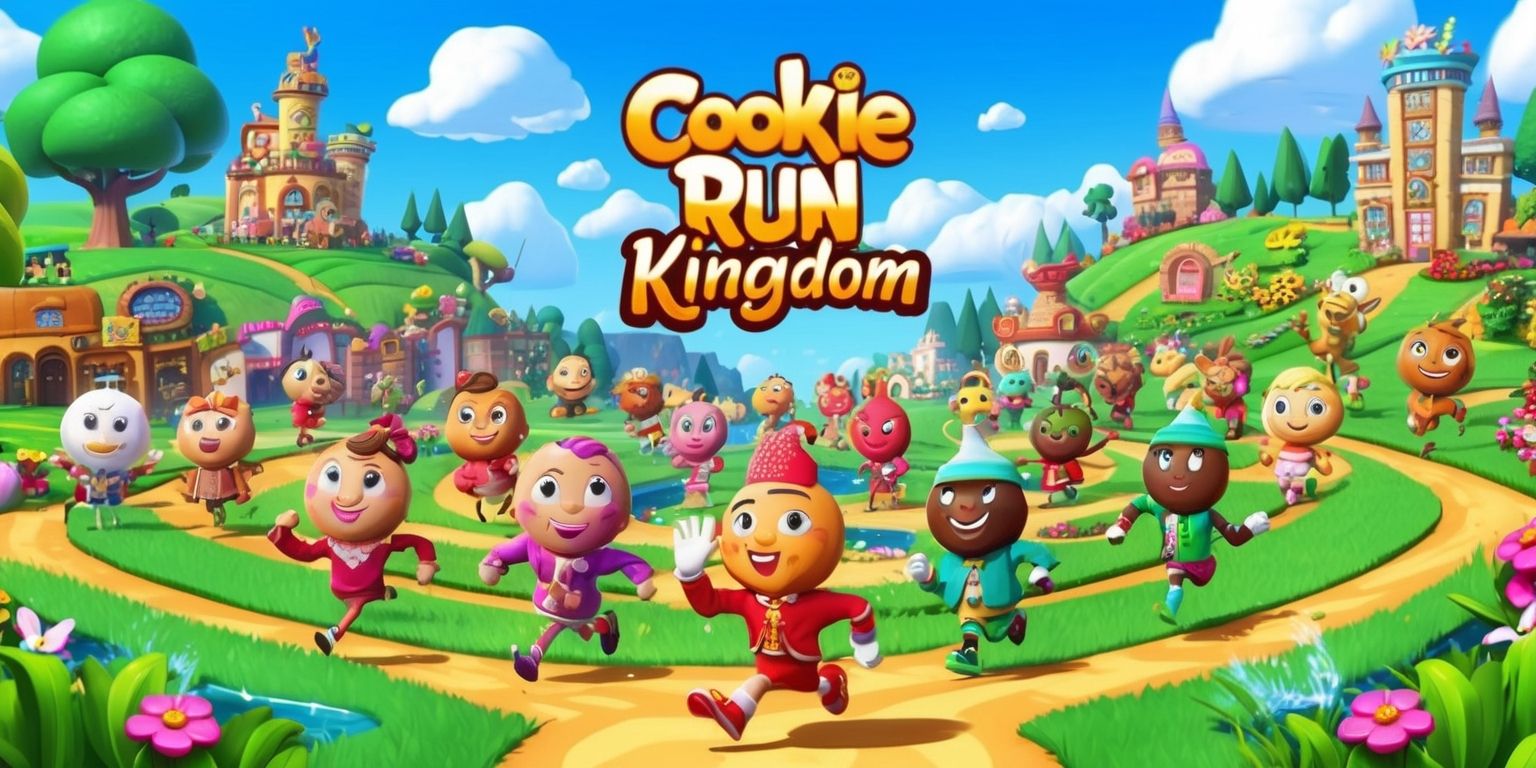 A colorful digital illustration of the Cookie Run Kingdom game, featuring a vibrant and whimsical landscape with rolling hills, towering trees, and bustling cookie-themed buildings, set against a clear blue sky with fluffy white clouds, populated by a diverse cast of cookie characters, each with unique facial features, skin colors, and attributes, such asPure Vanilla Cookie, Strawberry Cookie, and Mint Chocolate Chip Cookie, with intricate details on their clothing and accessories, surrounded by lush green grass, colorful flowers, and sparkling water elements, with the game's logo prominently displayed in a bold, curved font with bright, sugary colors, and a sense of excitement and adventure emanating from the scene.