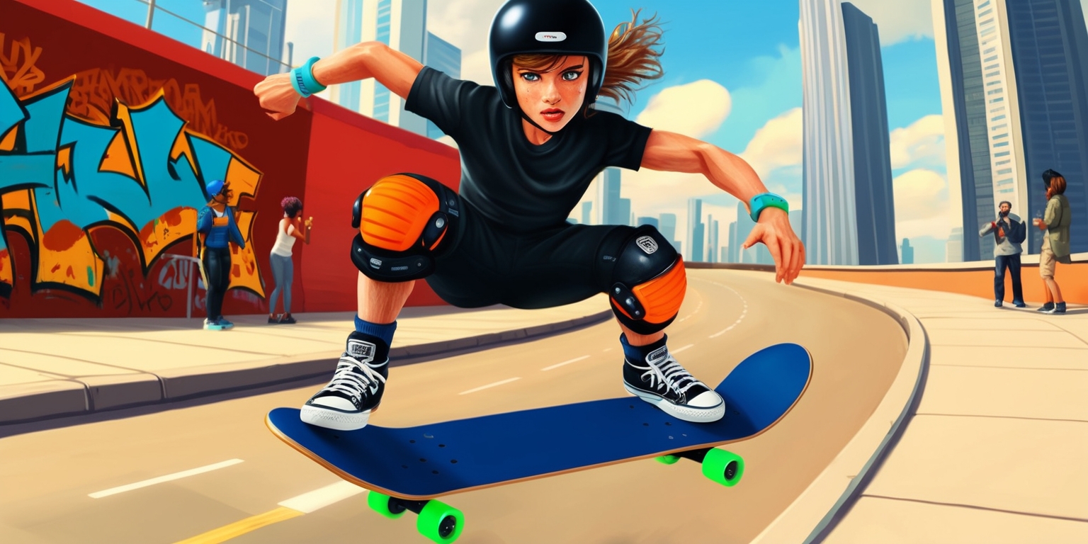 A vibrant and dynamic scene of a skateboarder in mid-air, set against a warm and sunny urban landscape with bold graffiti-covered walls, sleek skyscrapers, and a winding road that stretches into the distance, the skateboarder is wearing a sleek black helmet, vibrant orange knee pads, and a pair of scuffed-up sneakers, with a determined look on their face, their skin has a warm golden glow from spending time outdoors, their hair is messy and wind-swept, the skateboard is a deep blue color with bright green wheels, in the background a few people are watching from the sidewalk, one of them is holding a camera to capture the moment, the overall style is reminiscent of a classic adventure game with bold lines, bright colors, and a sense of excitement and energy.