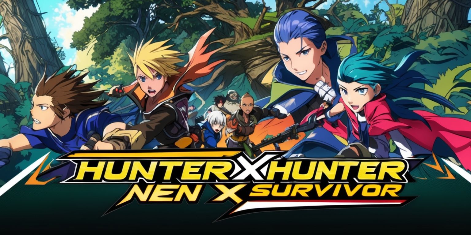 A colorful digital illustration depicting a dramatic scene from the Hunter x Hunter Nen x Survivor game, with vibrant characters and a dynamic background, featuring a mix of earthy tones and bright colors, set in a lush forest environment with towering trees and intricate foliage, showcasing the main characters in action-packed poses, with facial features and skin colors reflecting their unique personalities and ethnicities, and incorporating stylized text and logos in a bold, futuristic font, with the title Hunter x Hunter prominently displayed in a curved line above the characters, and the tagline Nen x Survivor written in a smaller, angular font at the bottom of the image.