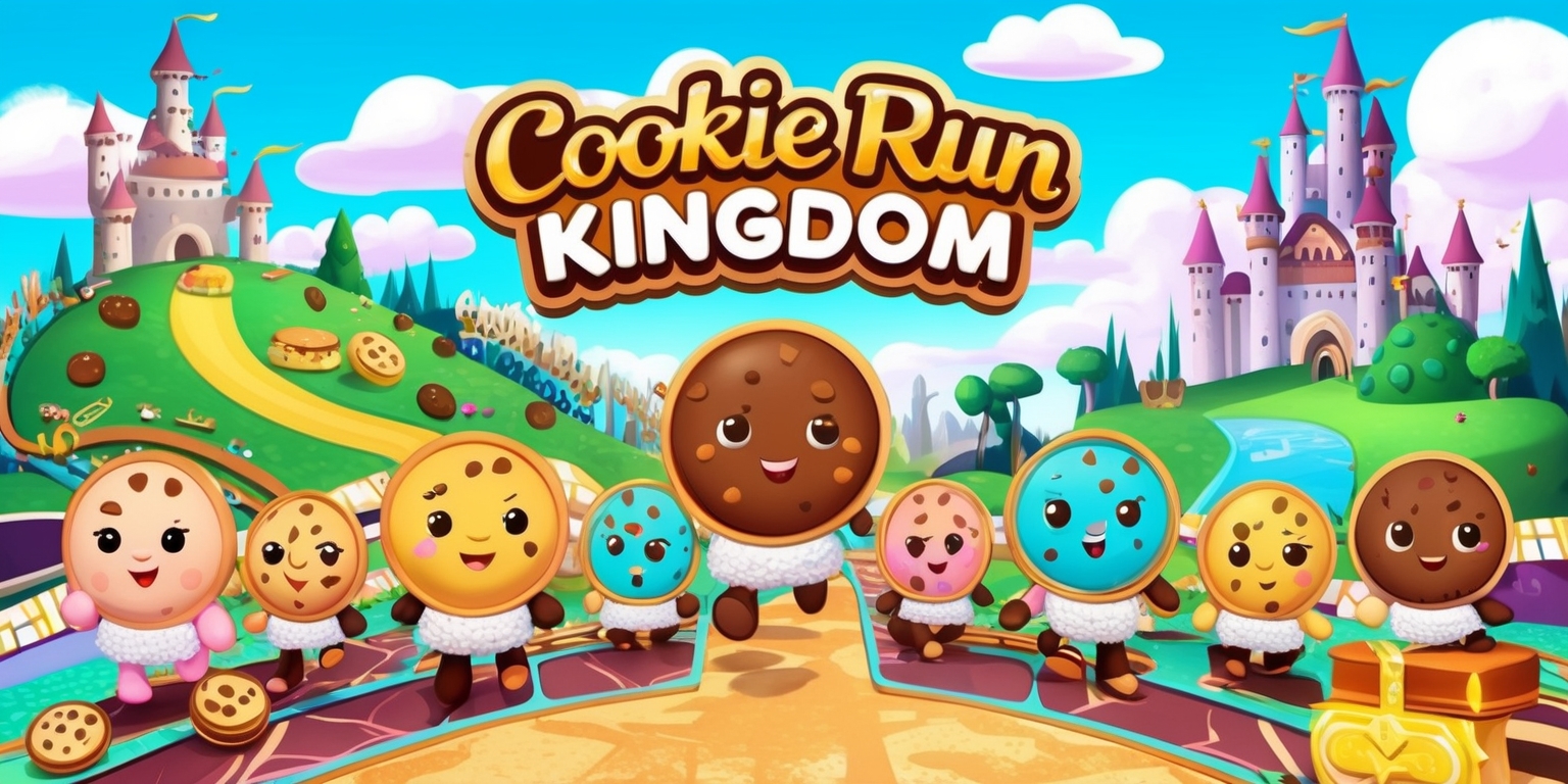 A vibrant and colorful digital illustration of the Cookie Run Kingdom game, featuring a variety of adorable cookie characters with distinct facial features and skin colors, set against a whimsical and fantastical kingdom backdrop with rolling hills, towering trees, and majestic castles, with a bright blue sky and fluffy white clouds, and incorporating various game elements such as cookies, treasures, and obstacles, with bold lines, textures, and patterns, and a mix of warm and cool colors, including pastel shades and metallic accents, with the game's logo prominently displayed in a curved line above the characters, in a playful, cursive font with golden outlines and a soft glow effect.