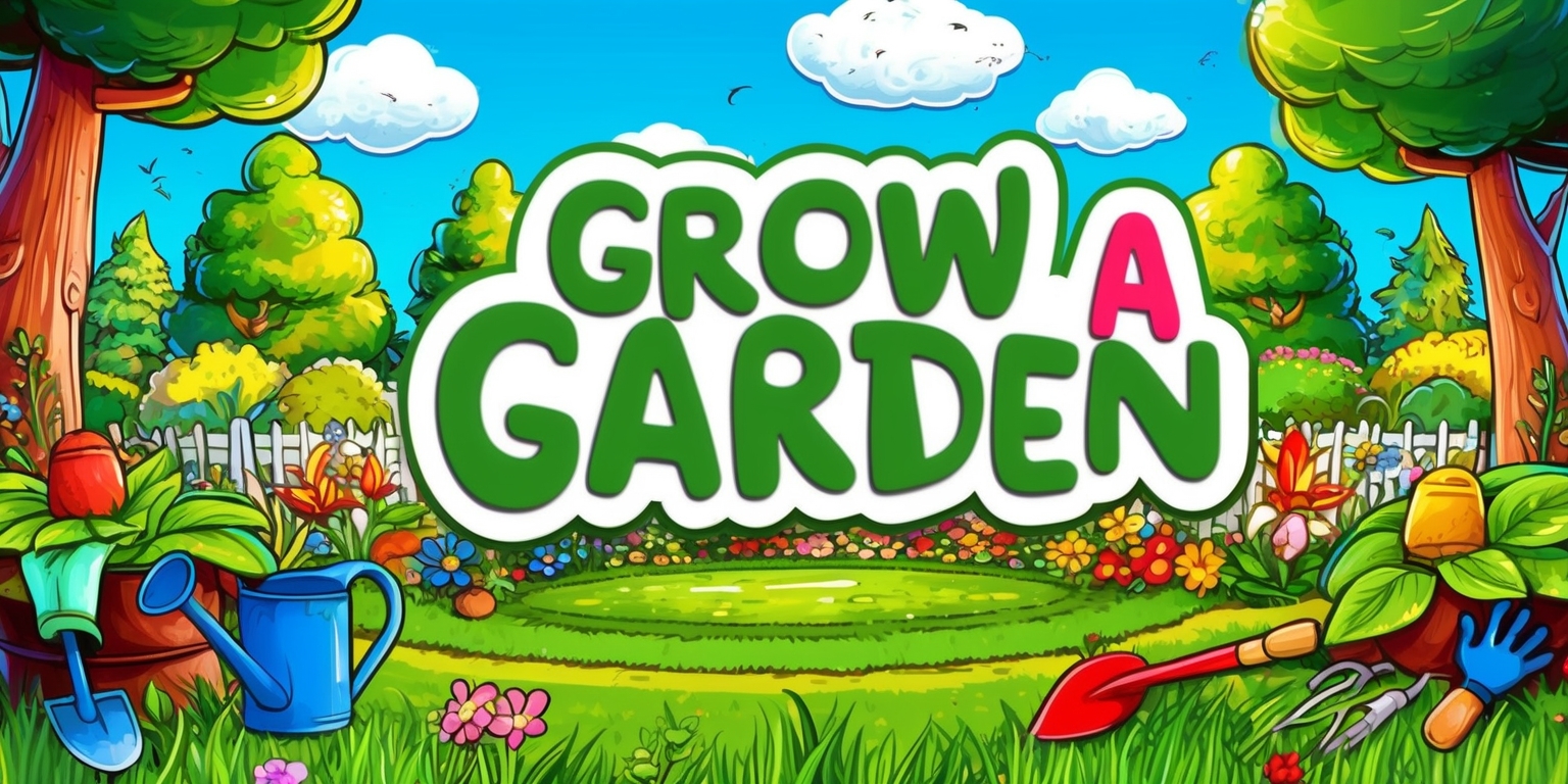 A vibrant and whimsical illustration of a Grow a Garden game, featuring a beautiful garden landscape with lush green grass, colorful flowers, and towering trees, set against a bright blue sky with fluffy white clouds, with various garden tools and accessories scattered throughout, including a watering can, shovel, and gardening gloves, in a digital art style with bold lines, textures, and intricate details, with a mix of warm and cool colors, and a sense of depth and dimension, with the game's title written in a playful, curly font, in a bold green color, with the words Grow a Garden prominently displayed in the center of the image.