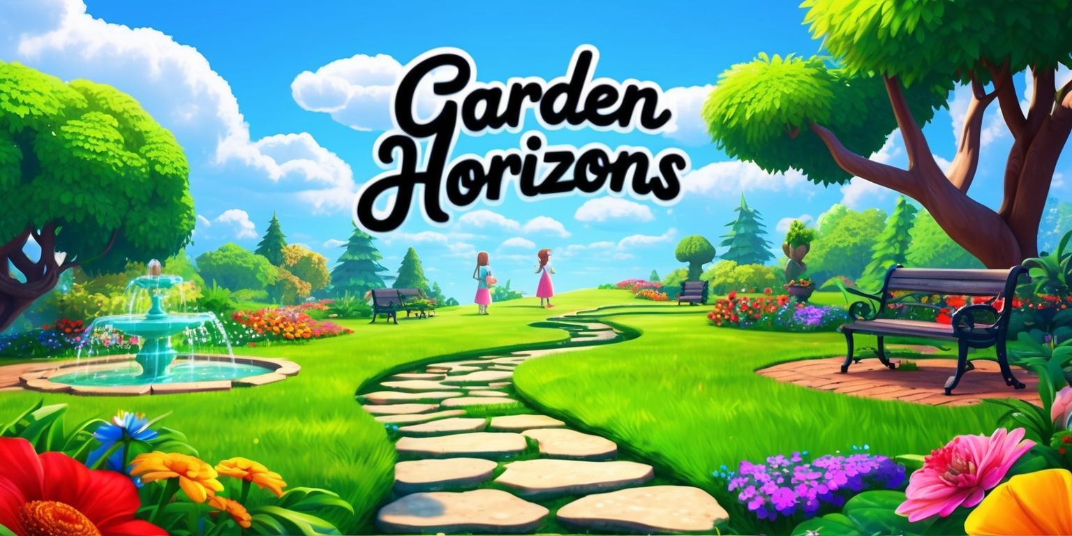 A vibrant landscape depicting the Garden Horizons game, with lush green grass, colorful flowers, and towering trees, set against a clear blue sky with fluffy white clouds, in a digital art style with bold lines and textures, featuring a winding stone path that disappears into the horizon, with a few players in the distance, having distinct facial features, varied skin tones, and unique clothing, surrounded by intricate details such as sparkling fountains, garden benches, and vibrant flora, with the Garden Horizons logo prominently displayed in a modern, cursive font, in a bright, energetic color scheme, with a sense of depth and perspective, inviting the viewer to explore the serene and captivating world of the game.
