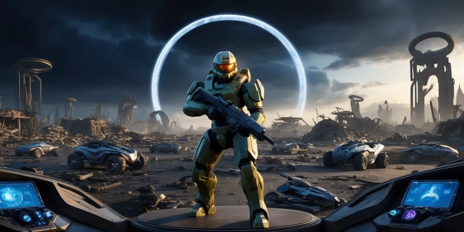 A high-definition, panoramic scene from a remastered Halo game, set in a futuristic, sci-fi environment with a first-person perspective, showcasing a heavily armed Spartan soldier with a golden helmet and vibrant, blue-green armor, standing heroically in the center, surrounded by a desolate, war-torn landscape with destroyed buildings and debris in the background, under a dark, ominous sky with a massive, ring-shaped halo structure looming in the distance, with an assortment of sleek, advanced vehicles and intricate, metallic machinery scattered throughout the scene, and a subtle, glowing, blue-purple light emanating from the Spartan's armor and various, futuristic console screens, all rendered in exquisite, photorealistic detail with rich, vibrant colors and precise, sharp textures.