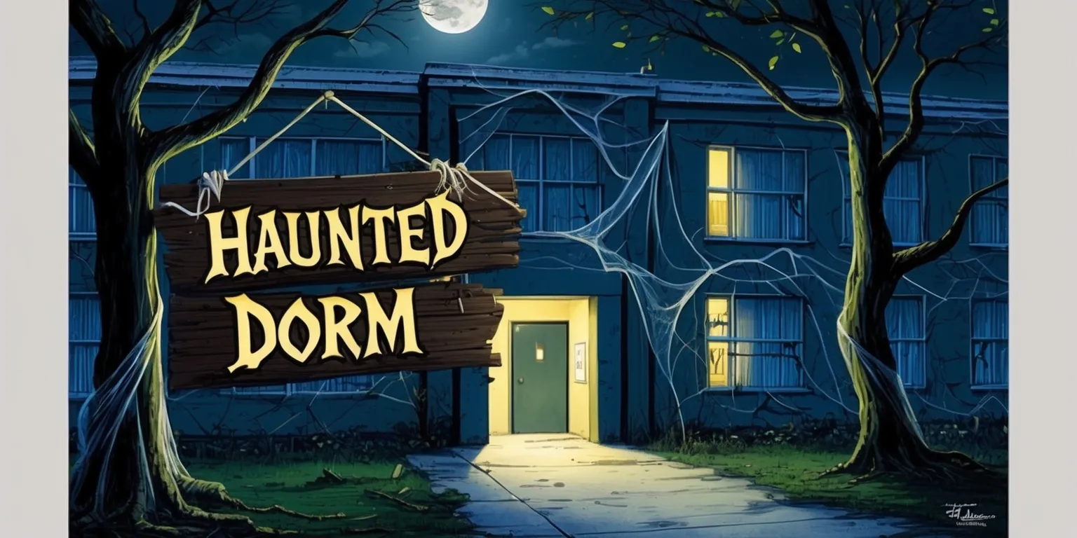 A eerie and abandoned dorm building at night with a full moon, the words Haunted Dorm written in bold gothic letters on a wooden sign hanging crookedly from the entrance, cobwebs covering the doors and windows, a faint glow of light emanating from within, and a few trees with twisted branches surrounding the building, their leaves rustling in the wind, with a dark and ominous atmosphere, the color palette consisting of dark blues and greys, with hints of yellow from the moonlight, and a sense of foreboding and fear, as if something is lurking inside, waiting to be discovered.