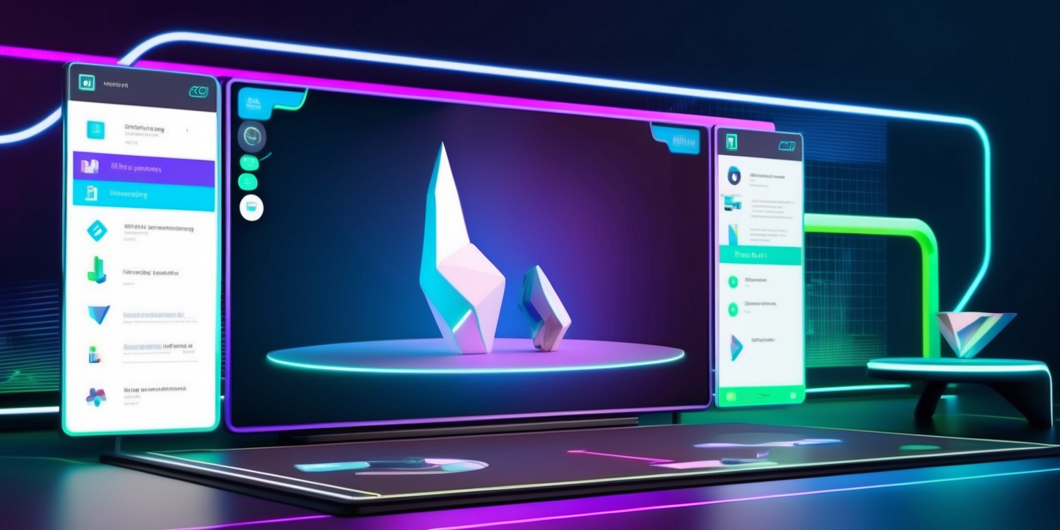 A futuristic digital sculpture mode game scene with sleek interfaces and vibrant colors, featuring a large 3D modeling screen displaying a partially created sculpture, surrounded by various intuitive tools and menus, set against a dark blue and purple gradient background, with neon blue and green accents highlighting the game's modern aesthetic, and a hint of subtle grid patterns and textures adding depth to the digital environment.