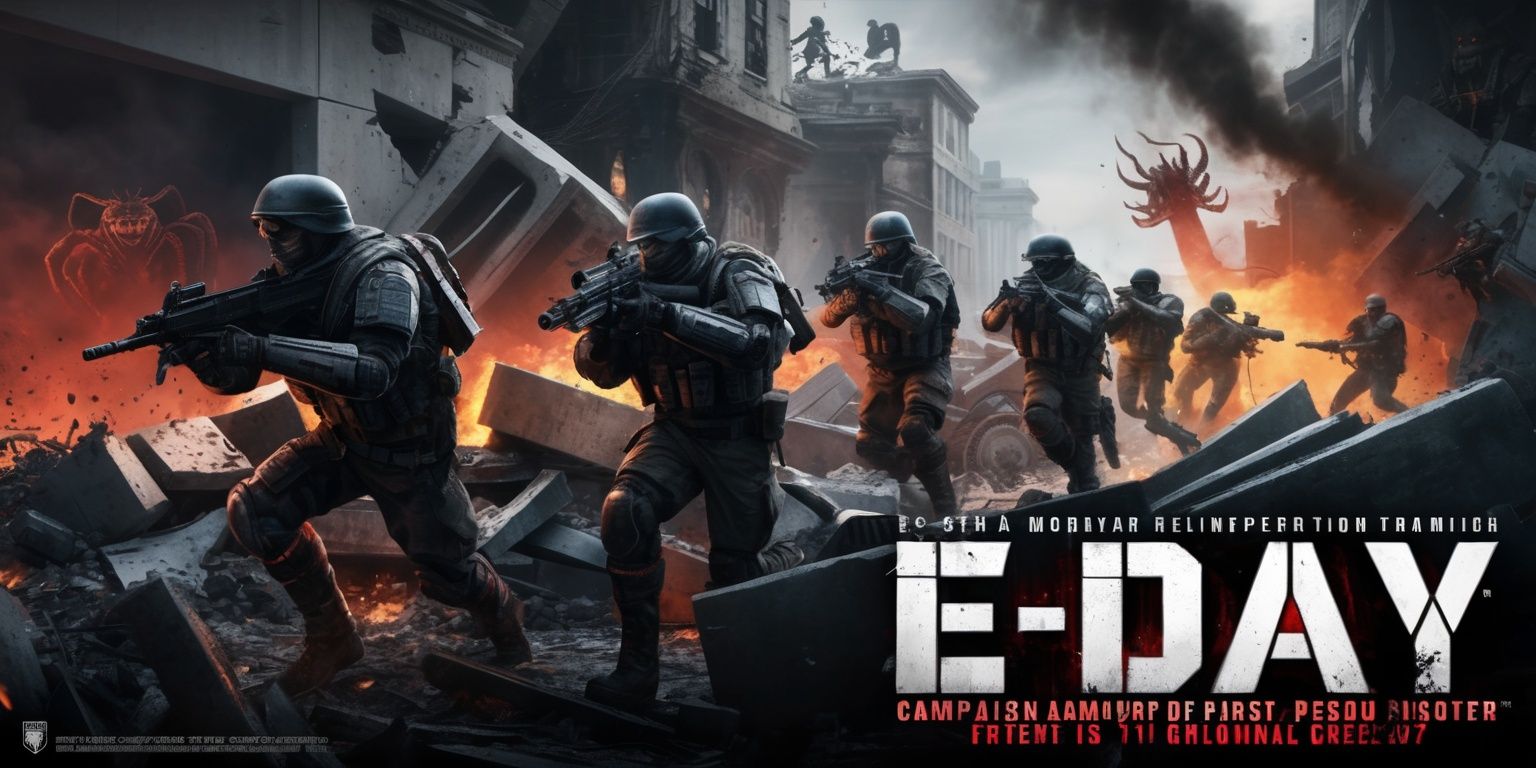 A cinematic key art image for “E-Day,” a modern reinterpretation of a classic first-person shooter franchise, set during the devastating original conflict. Depict a squad of heavily armored soldiers advancing through a war-torn urban battlefield, using shattered concrete barriers and overturned vehicles as dynamic cover while hostile creatures emerge through smoke, fire, and collapsing architecture. Emphasize tactical teamwork, intense combat readiness, agile movement, and a strong sense of scale. Include visual hints of campaign storytelling, coordinated horde survival, and competitive versus action through layered background vignettes, without cluttering the composition. Use rugged industrial armor, glowing weapon details, debris, sparks, dust, and dramatic volumetric lighting. Frame the scene in a wide, low-angle composition with bold cinematic contrast, deep metallic grays, scorched earth tones, crimson highlights, and cold blue shadows. Feature a distressed, blocky military-style title treatment reading “E-DAY,” with sharp geometric lettering, weathered texture, and restrained red illumination.