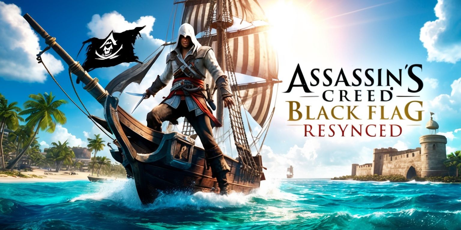 A vibrant and dynamic scene depicting the Assassin's Creed Black Flag Resynced game, with a mesmerizing pirate ship sailing through turquoise Caribbean waters under a bright sunny sky with fluffy white clouds, the Jolly Roger flag waving high in the wind, and the game's protagonist Edward Kenway standing at the bow, wearing his traditional assassin outfit, with a determined expression on his face, his sword at his side, surrounded by lush green palm trees and a historic fort in the background, with the game's title Assassin's Creed Black Flag Resynced emblazoned in bold, golden font across the top of the image, in a stunning digital art style with intricate details and textures, capturing the essence of the game's adventurous and thrilling atmosphere.