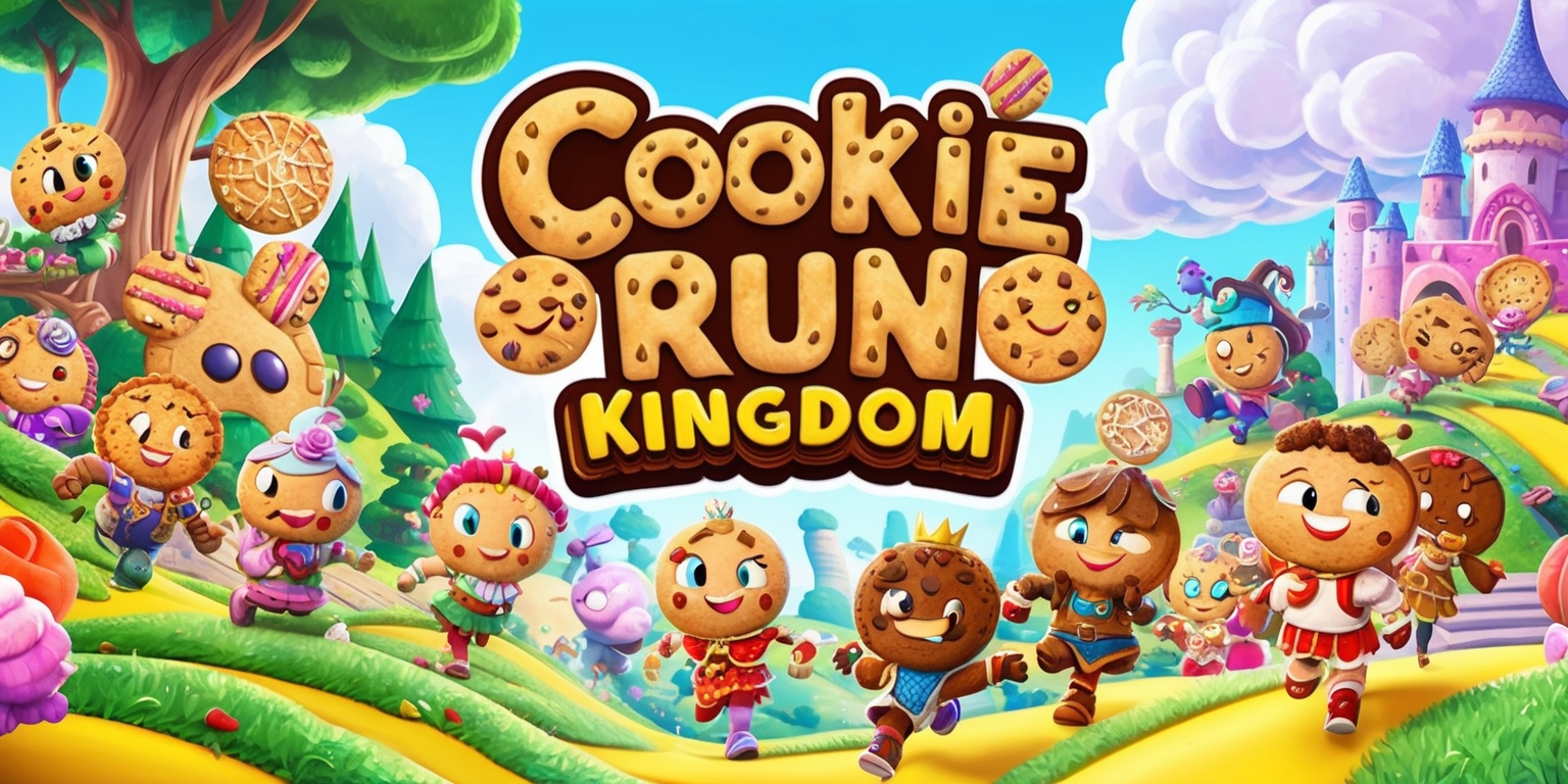 A vibrant and colorful digital illustration depicting the whimsical world of Cookie Run: Kingdom, featuring a variety of intricately designed cookies as main characters, each with unique facial expressions and attire, set against a bright and lively background with rolling hills, towering trees, and fluffy white clouds, incorporating a mix of soft pastel colors and rich textures, with bold lines and dynamic typography used for any text or logos, showcasing the game's distinctive art style and sense of adventure, with a focus on showcasing the kingdom's charming architecture and the cookies' exciting journeys and quests.